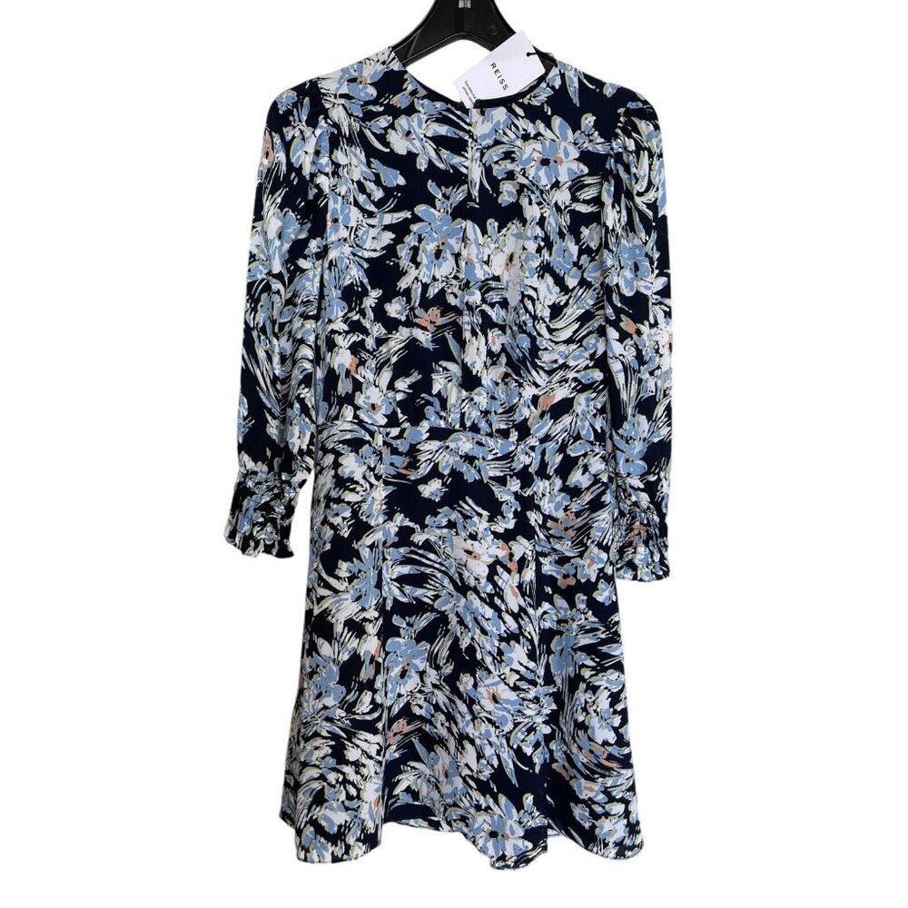 REISS Dress Womens‎ Size 4 Annie Print Floral Mini Blue Smocked Sleeve $285